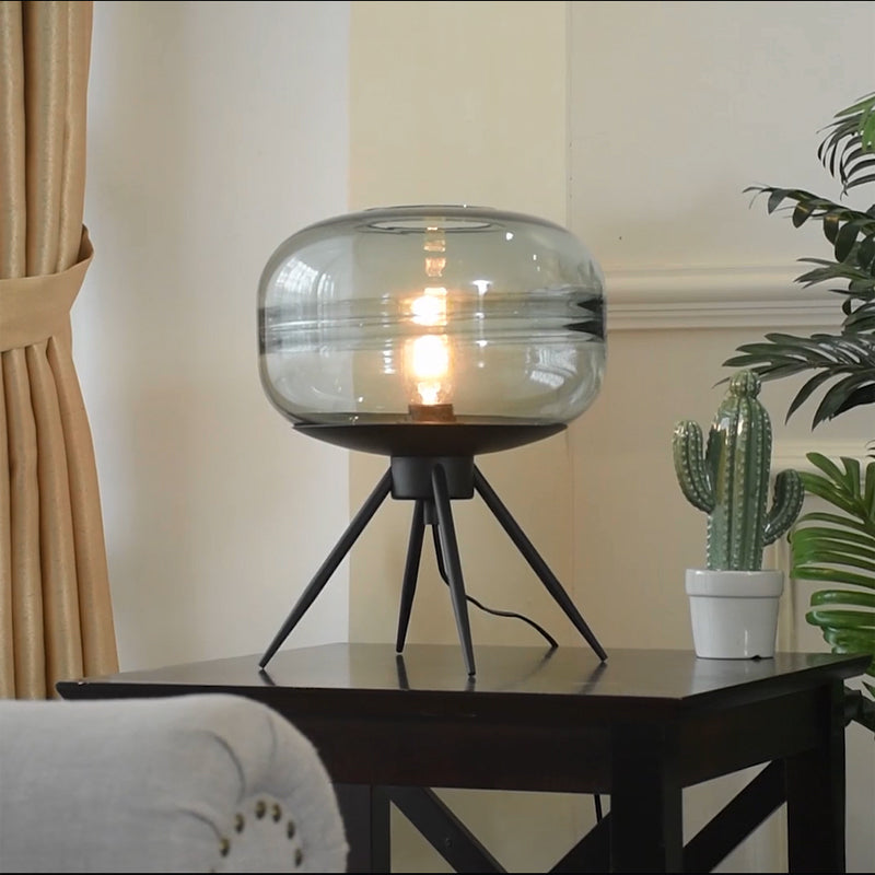 Black Drum Indoor Table Lamp in Modern Creative Style Wrought Iron Table Light with Glass Shade