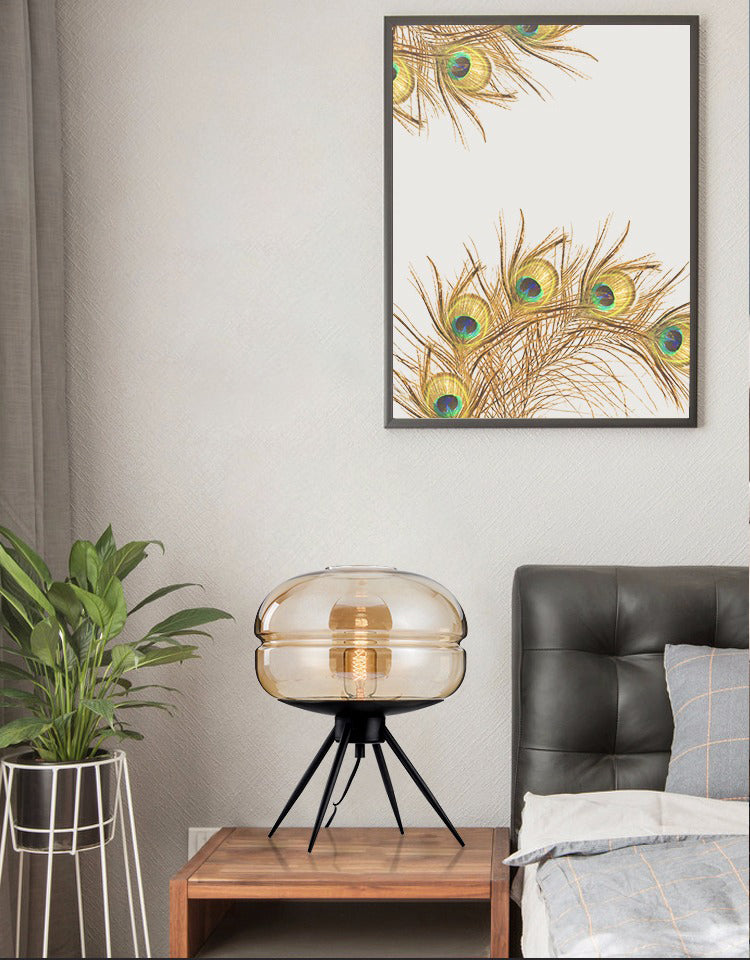 Black Drum Indoor Table Lamp in Modern Creative Style Wrought Iron Table Light with Glass Shade