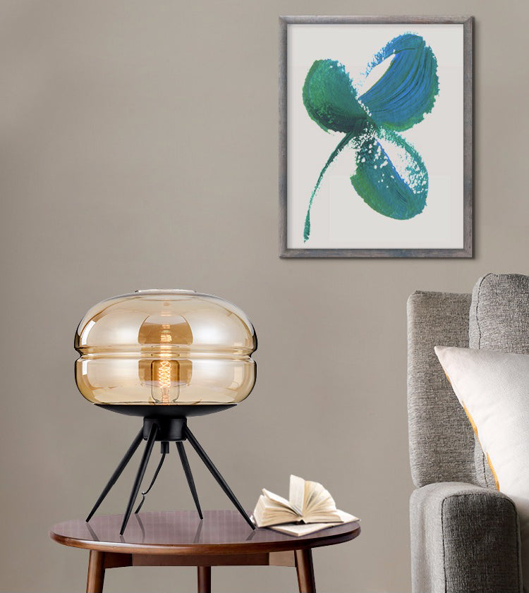Black Drum Indoor Table Lamp in Modern Creative Style Wrought Iron Table Light with Glass Shade
