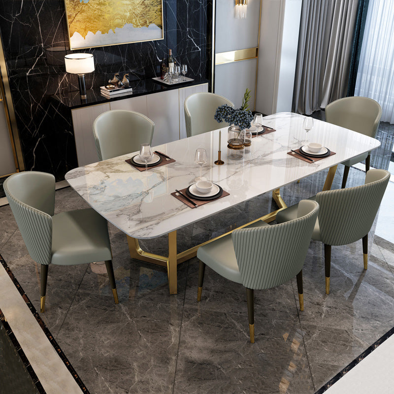 Glam Style Sintered Stone Dining Set with Traditional Height Table and Golds Trestle Base
