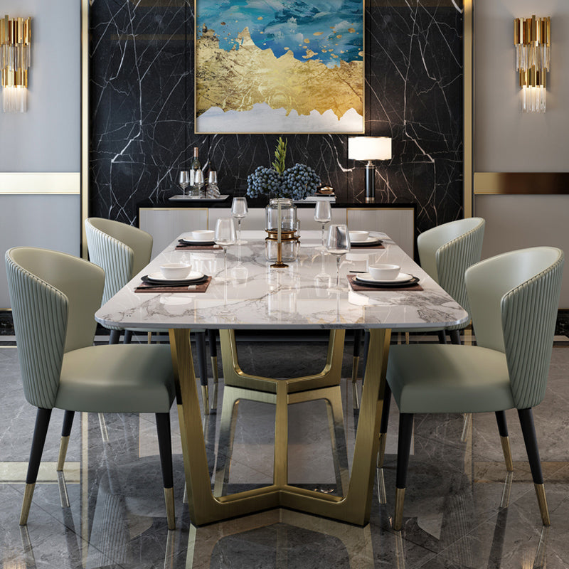 Glam Style Sintered Stone Dining Set with Traditional Height Table and Golds Trestle Base