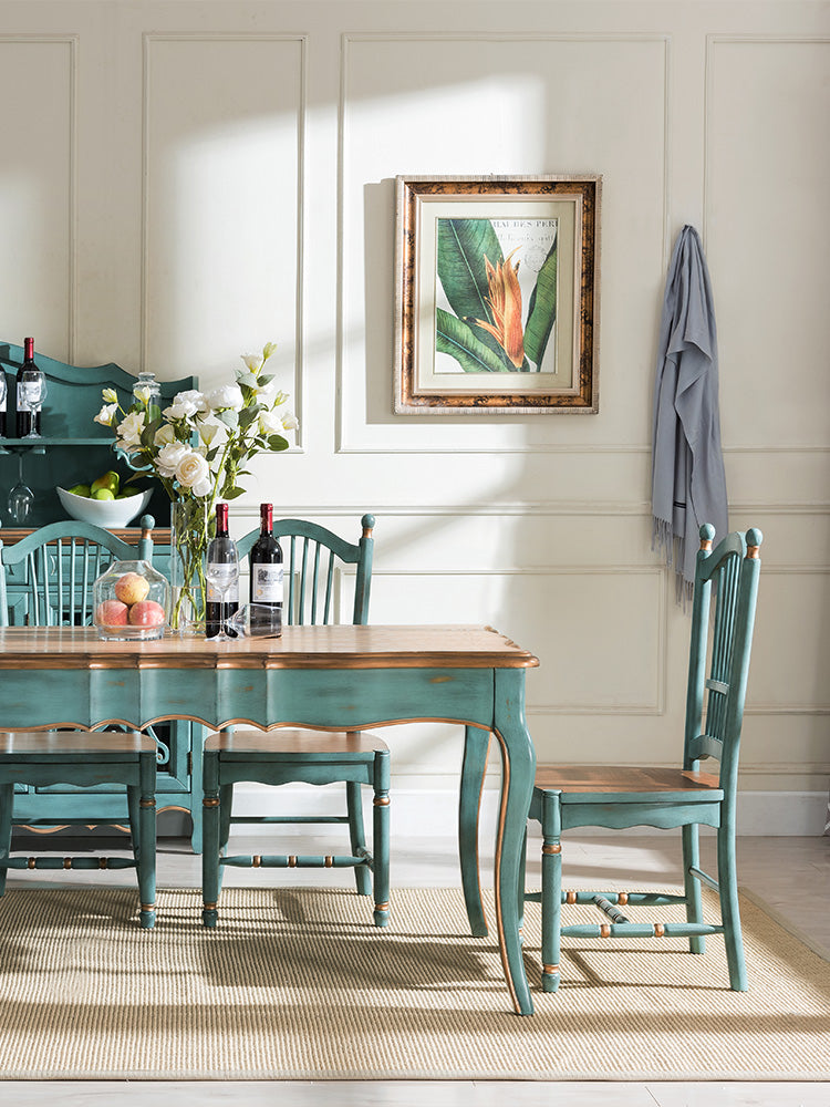 Traditional Wooden Dining Room Set Standard Height with Rectangle Top and Blue Base Dining Furniture