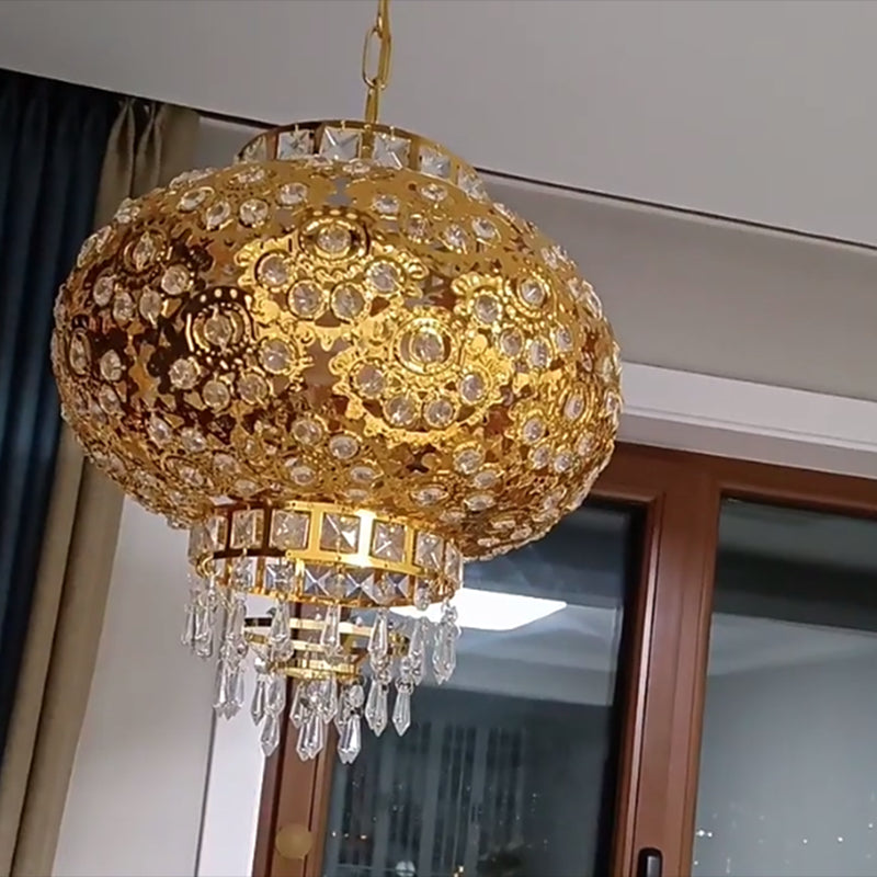 Gold Lantern Chandelier Retro Modern Crystal Hanging Light Fixture for Hallway