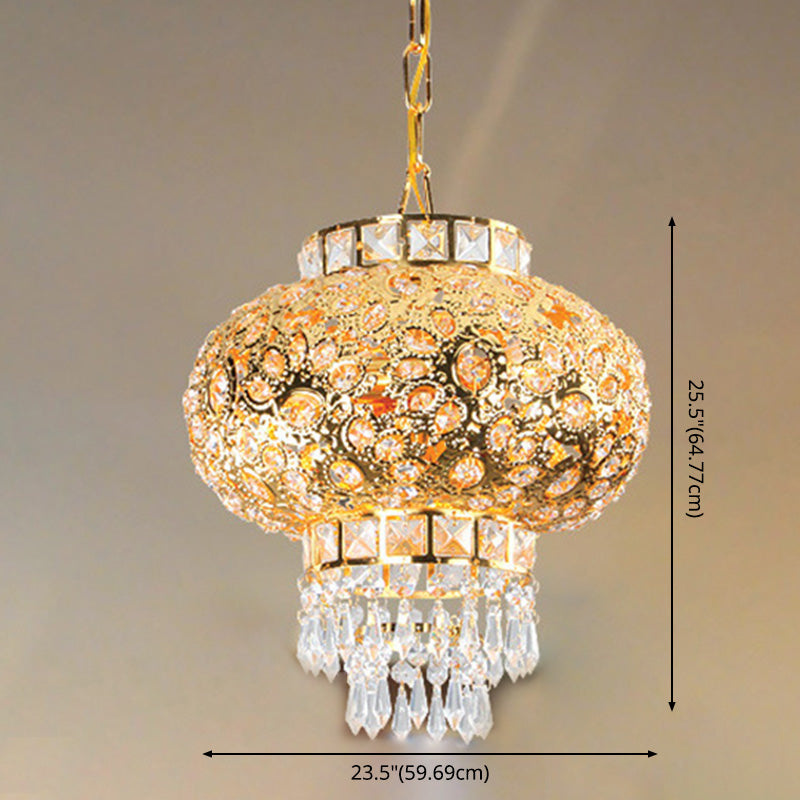 Gold Lantern Chandelier Retro Modern Crystal Hanging Light Fixture for Hallway