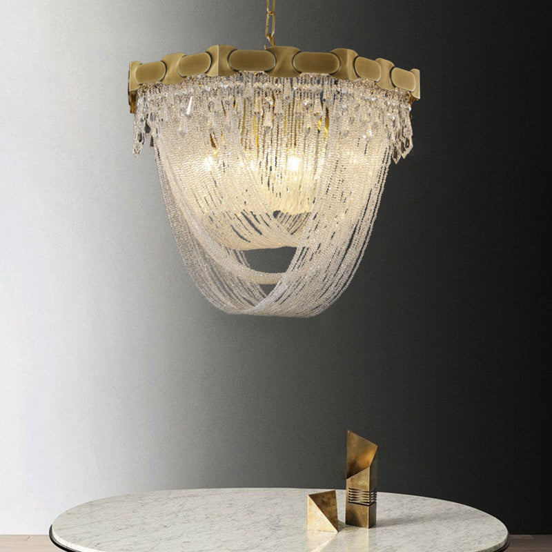 Tassel Chain Chandelier Lighting Metal Triple Light Crystal Shade Foyer Pendant Lamp
