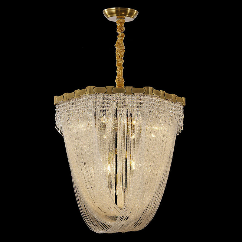 Tassel Chain Chandelier Lighting Metal Triple Light Crystal Shade Foyer Pendant Lamp