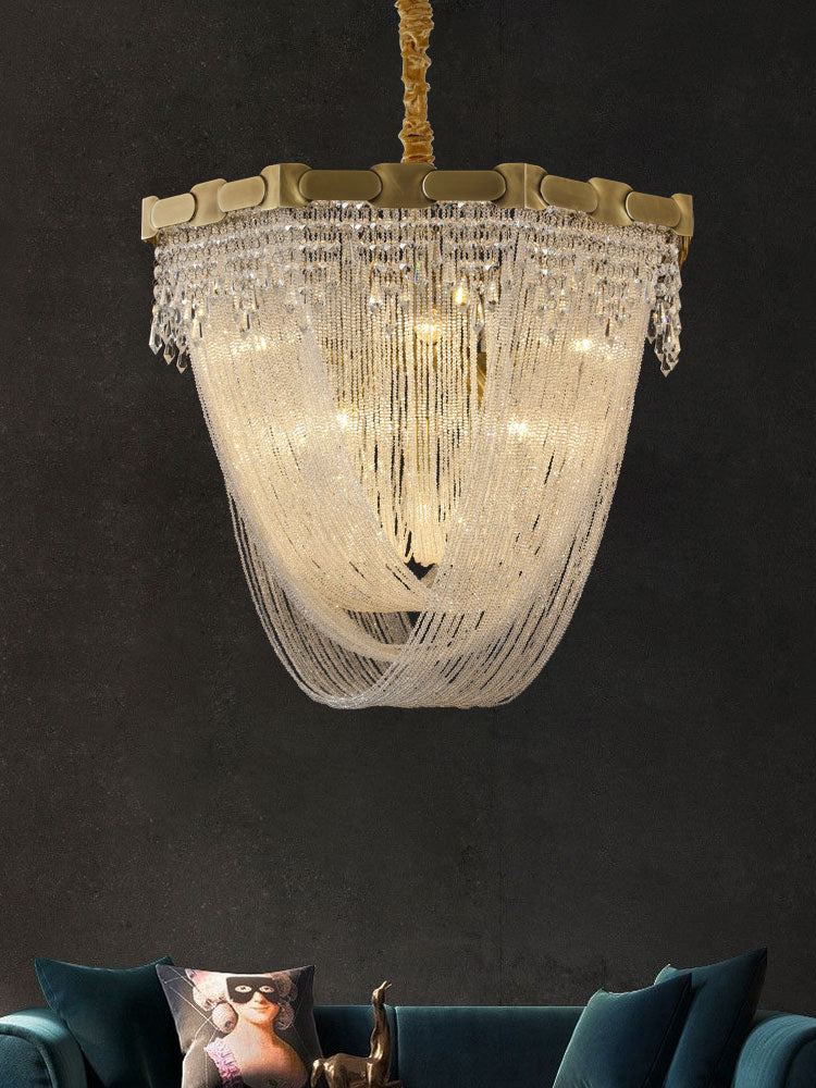 Tassel Chain Chandelier Lighting Metal Triple Light Crystal Shade Foyer Pendant Lamp