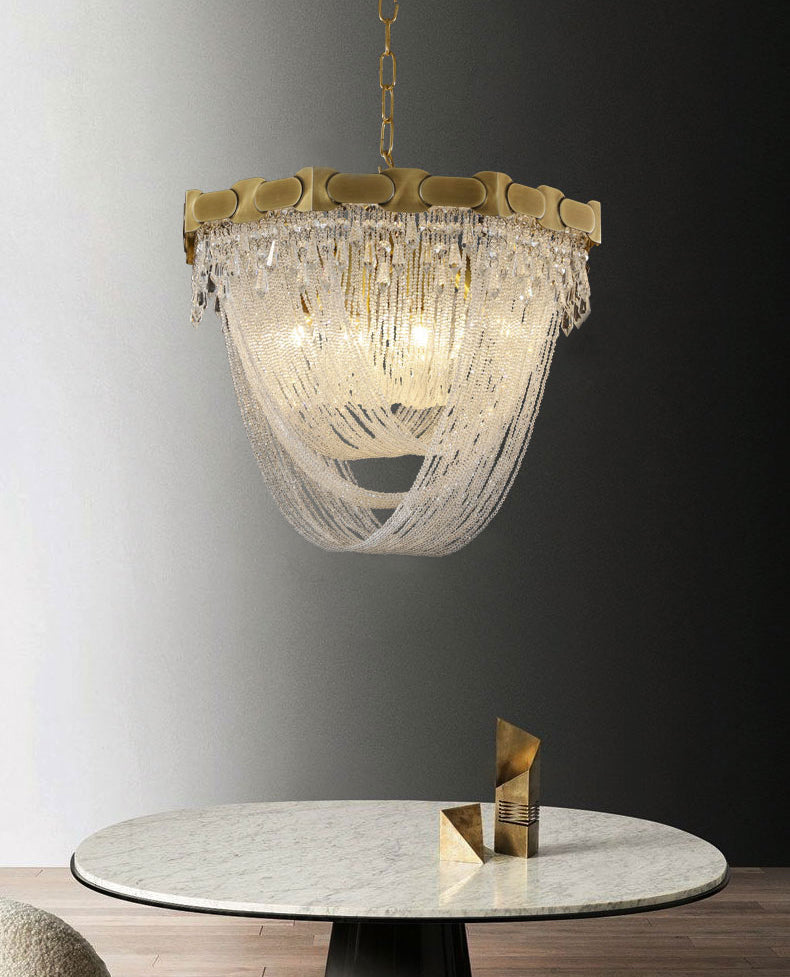 Tassel Chain Chandelier Lighting Metal Triple Light Crystal Shade Foyer Pendant Lamp