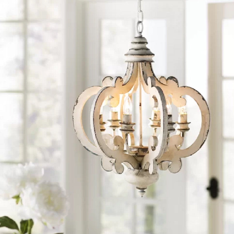 5 Bulbos Cámaras de techo del círculo Madera tradicional accesorio de iluminación suspendida en blanco