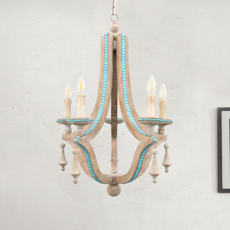 Chandelier de lustre en bois rustique 5 têtes Kit de lampe suspendue beige pour le salon