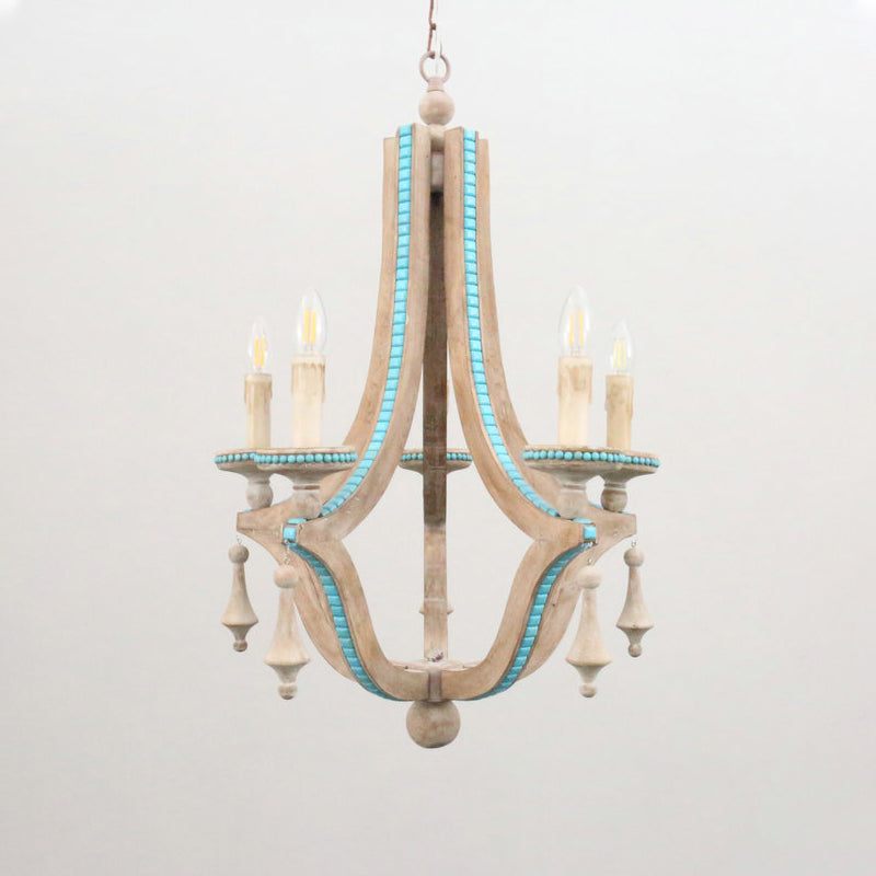 Chandelier de lustre en bois rustique 5 têtes Kit de lampe suspendue beige pour le salon