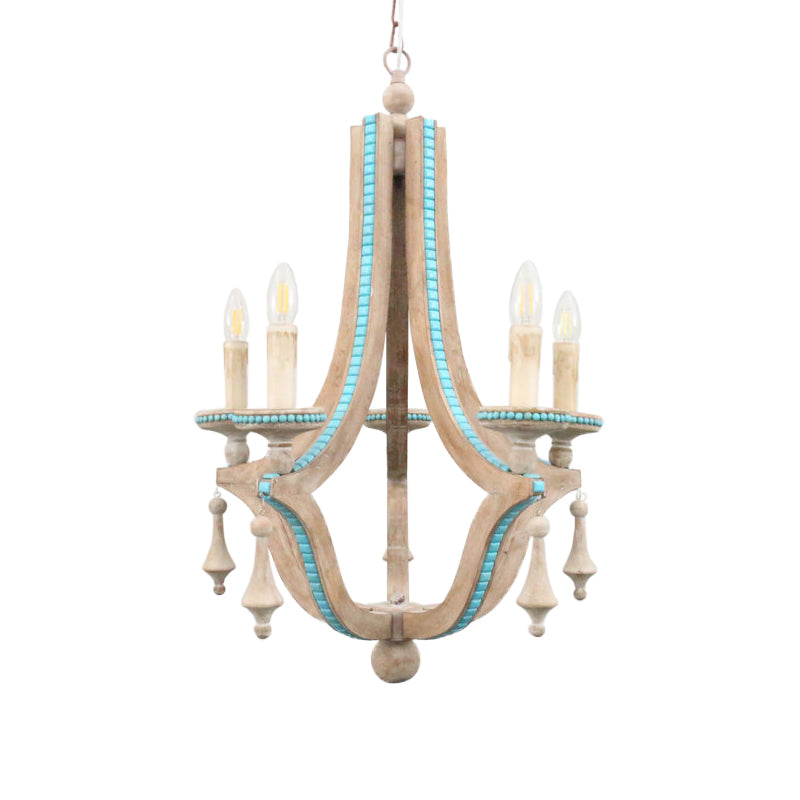 Chandelier de lustre en bois rustique 5 têtes Kit de lampe suspendue beige pour le salon