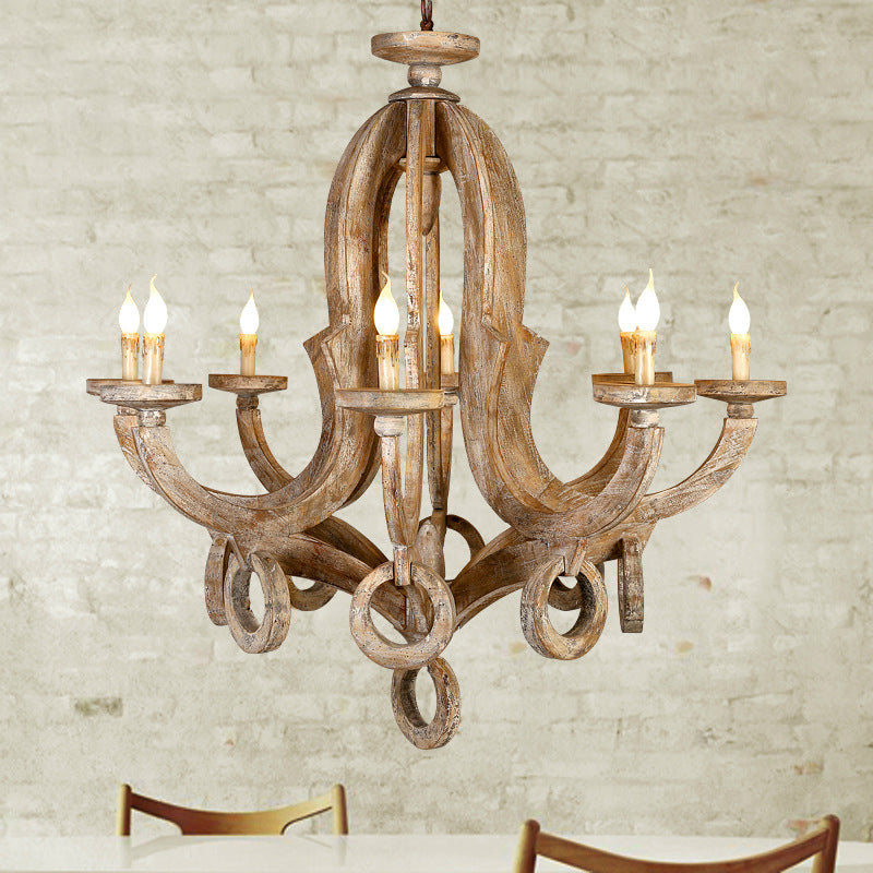 Wood Sputnik Chandelier Lamp Retro 6/8 Bulbs Brown Pendant Lighting Fixture with Adjustable Chain