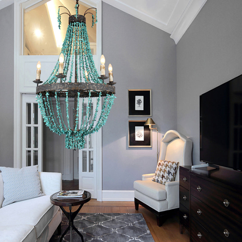 Lampadario a sospensione di pietra lineare tradizionale a 6 teste a soffitto blu luce a sospensione per soggiorno