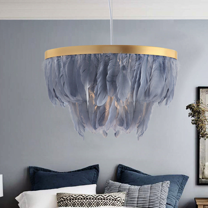 Contemporary 1 Head Suspension Lamp Grey/White 2-Tier Hanging Light Fixture with Fabric Shade for Living Room