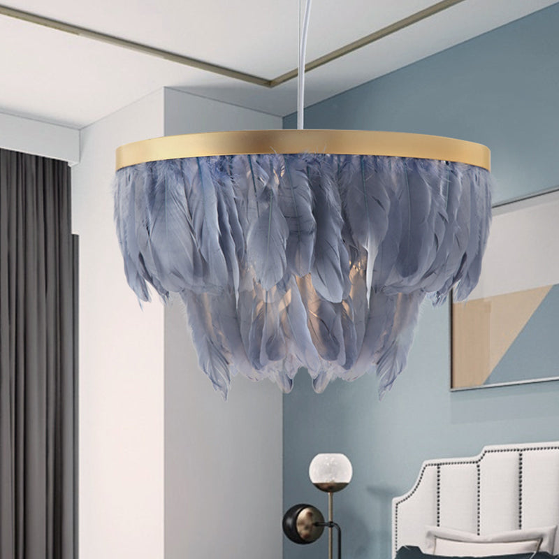 Contemporary 1 Head Suspension Lamp Grey/White 2-Tier Hanging Light Fixture with Fabric Shade for Living Room