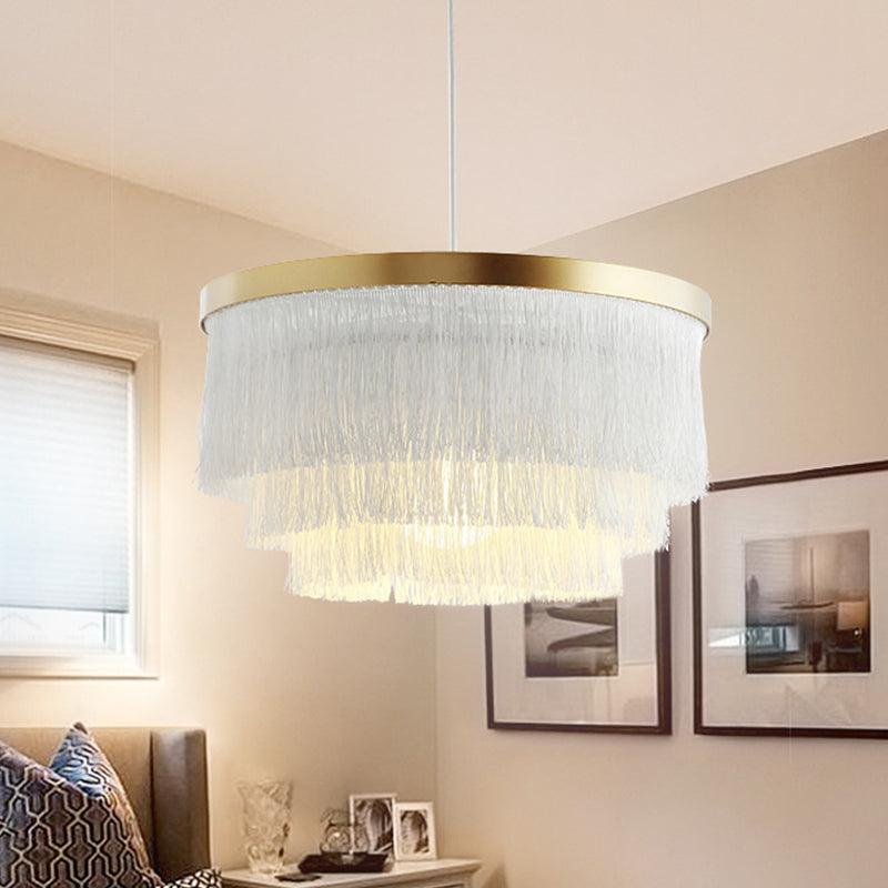 1 Bulb 3-Layer Pendant Lamp Modern Fabric Suspended Lighting Fixture in Grey/White/Blue for Bedroom