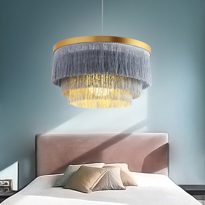 1 Bulb 3-Layer Pendant Lamp Modern Fabric Suspended Lighting Fixture in Grey/White/Blue for Bedroom