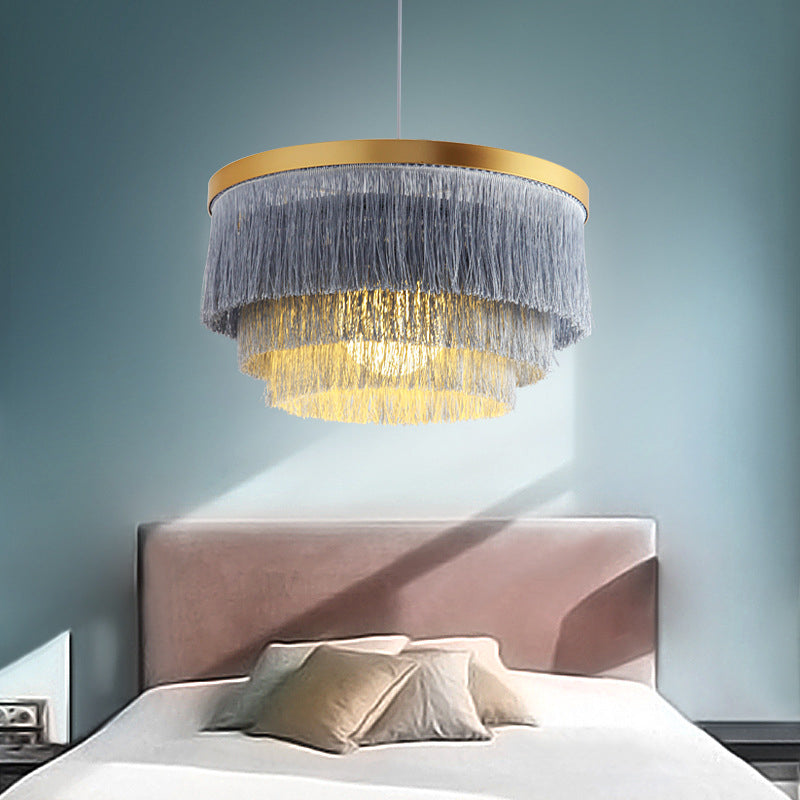 1 Glühbirne 3-Schicht-Anhängerlampe Moderne Stoffbeleuchtung in Grau/Weiß/Blau für Schlafzimmer