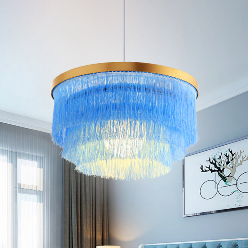 1 Bulb 3-Layer Pendant Lamp Modern Fabric Suspended Lighting Fixture in Grey/White/Blue for Bedroom