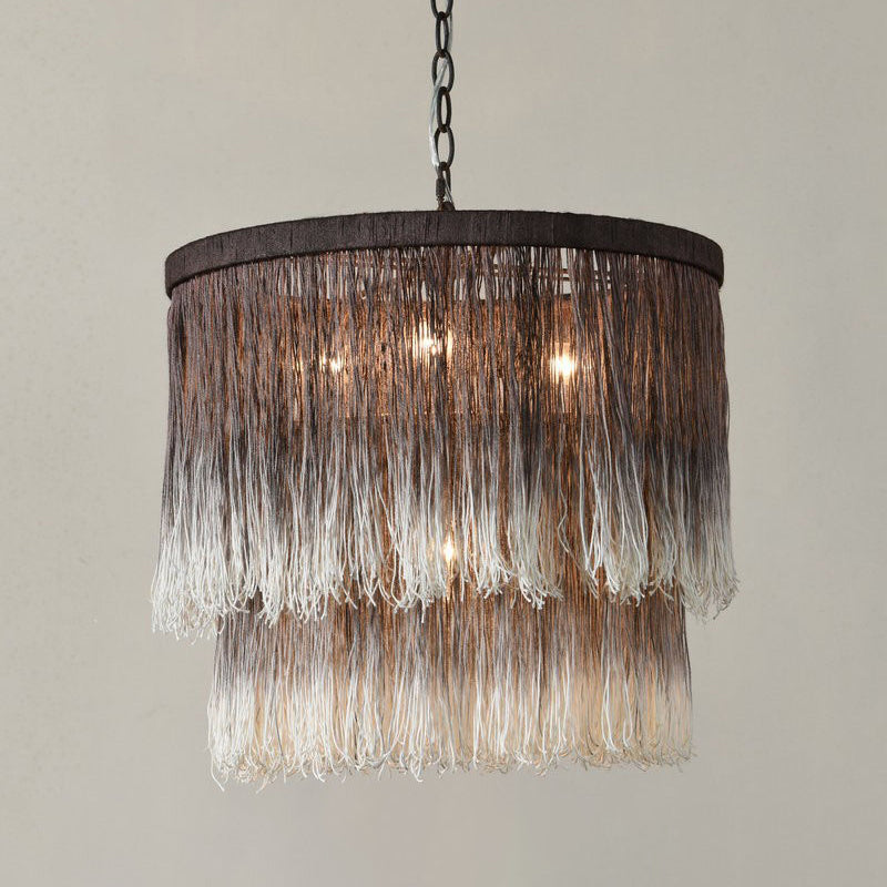 Minimalist Cylindrical Hanging Chandelier Fabric 4 Bulbs Suspension Lamp in Brown for Bedroom
