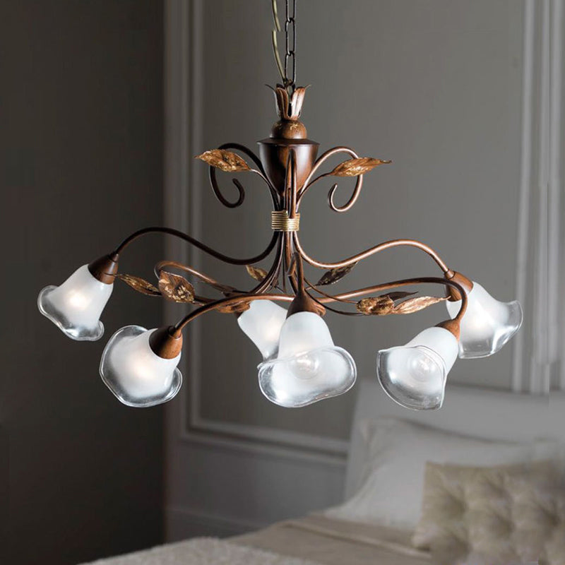 6 Heads Bedroom Hanging Chandelier Contemporary Red Brown Ceiling Pendant Light with Flower Frosted Glass Shade
