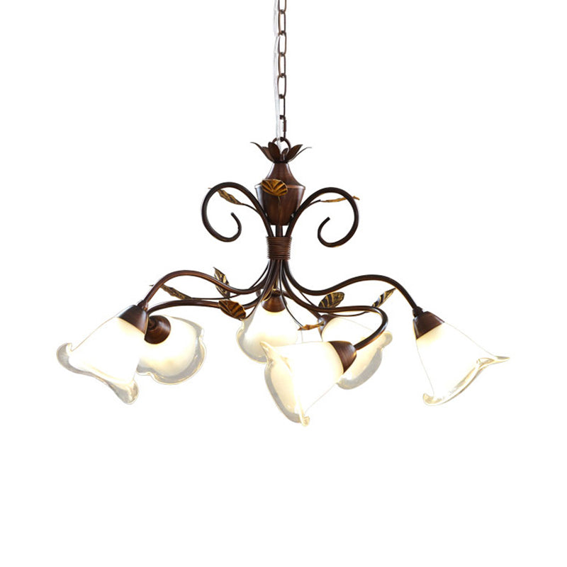 6 Heads Bedroom Hanging Chandelier Contemporary Red Brown Ceiling Pendant Light with Flower Frosted Glass Shade
