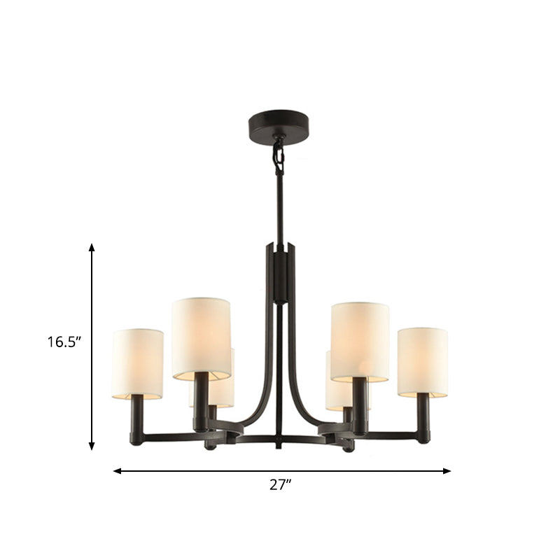 White Cylindrical Chandelier Lamp Traditional Fabric 6 Lights Living Room Hanging Light