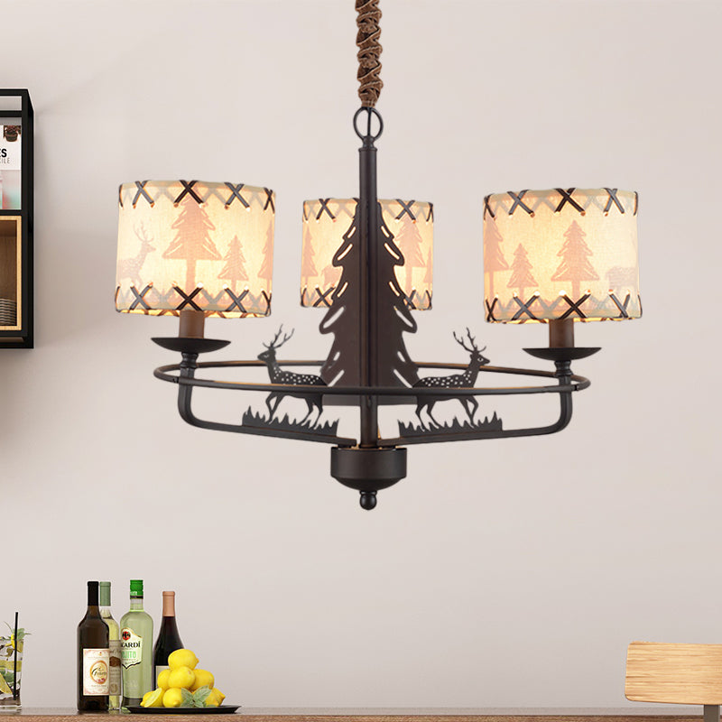BEIGE Drum Lampella lampada tradizionale tessuto tradizionale 3 luci camera da letto appeso con design animale