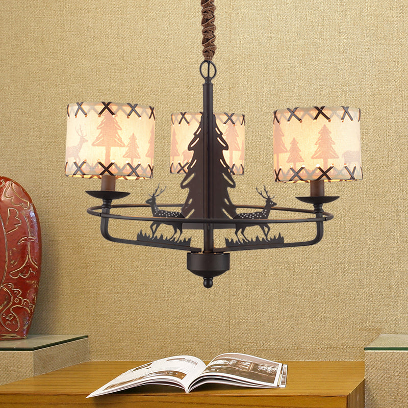 BEIGE Drum Lampella lampada tradizionale tessuto tradizionale 3 luci camera da letto appeso con design animale