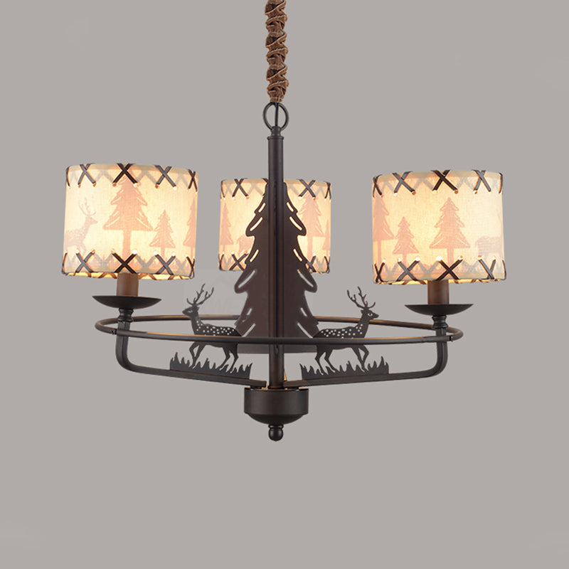 BEIGE Drum Lampella lampada tradizionale tessuto tradizionale 3 luci camera da letto appeso con design animale