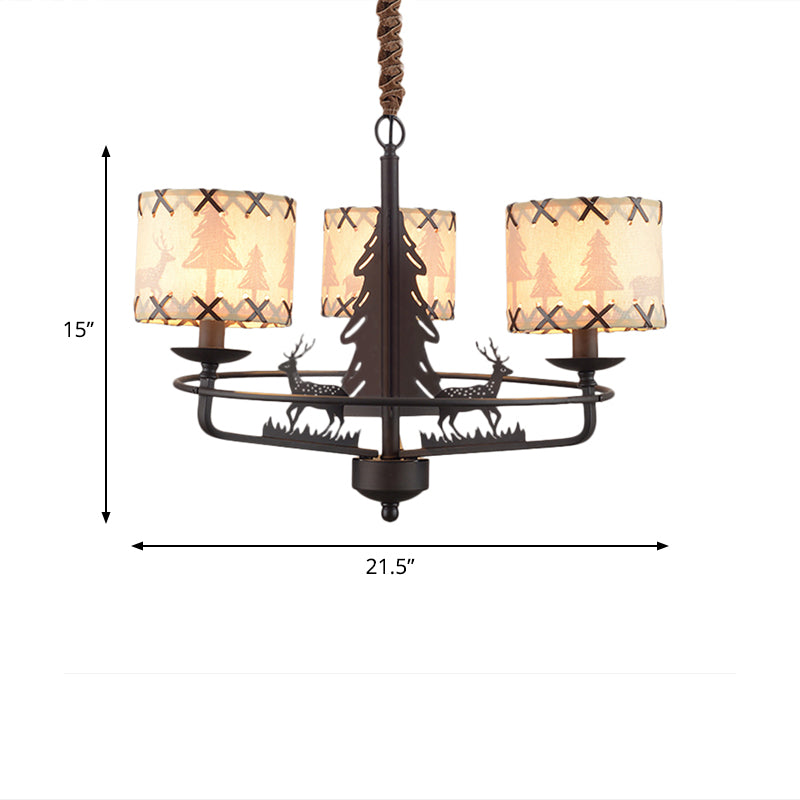 Beige Drum Chandelier Lamp Traditional Fabric 3 Lights Bedroom Hanging Light with Animal Design