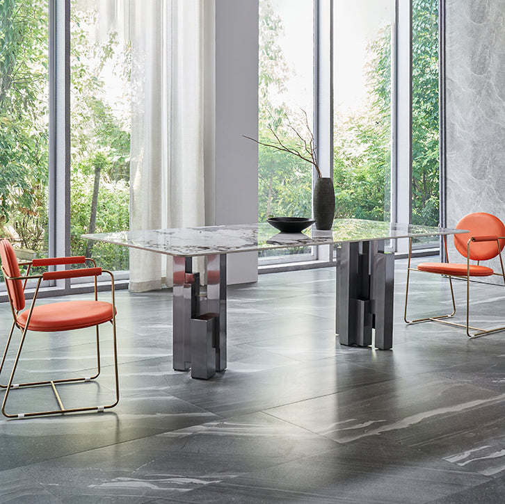 Modern Style Sintered Stone Dining Set with Grey Rectangle Shape Table and Double Pedestal Base