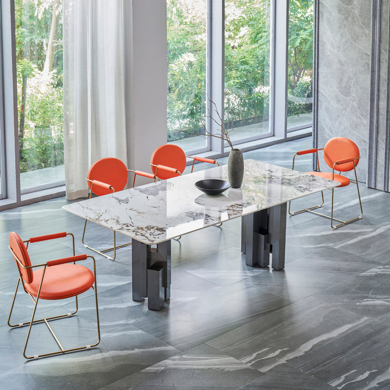 Modern Style Sintered Stone Dining Set with Grey Rectangle Shape Table and Double Pedestal Base