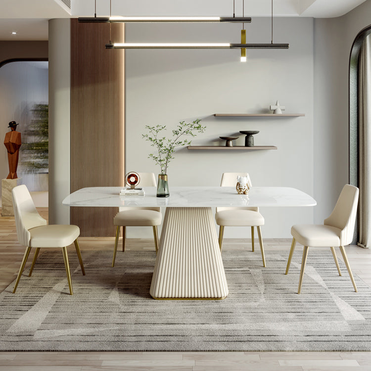 Modern Style Sintered Stone Dining Set with White Rectangle Shape Table and Pedestal Base