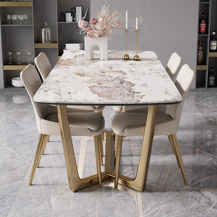Modern Style Sintered Stone Dining Room Set with White Rectangle Shape Table and Gold Trestle Base