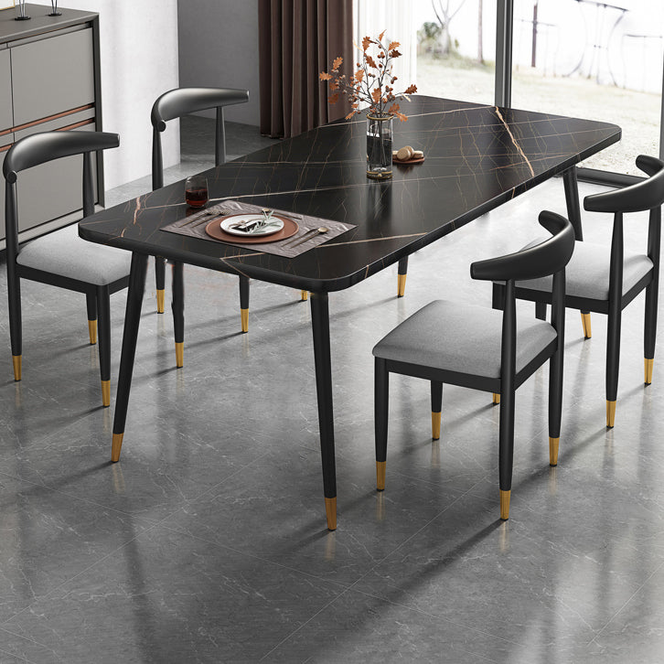 Contemporary Metallic Fixed Dining Table Rectangle Formal Dinette Set with Balck Base
