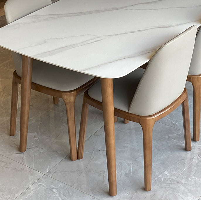 Modern Sintered Stone Dining Table Rectangular Dining Table Set with Solid Wood Base