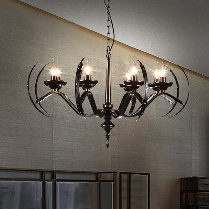 Traditional Candle Hanging Lamp 8 Bulbs Iron Chandelier Light Fixture with Curvy Arm in Black
