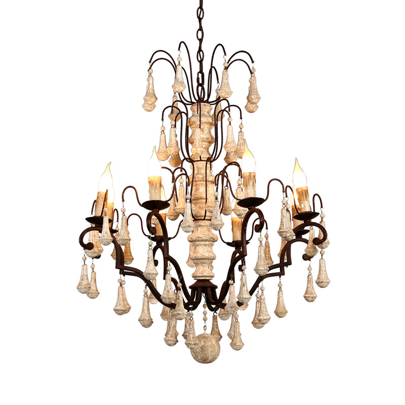 Lustre de pendentif à plusieurs niveaux ivoire traditionnel en bois 8 têtes salon suspendu plafonnier plafond