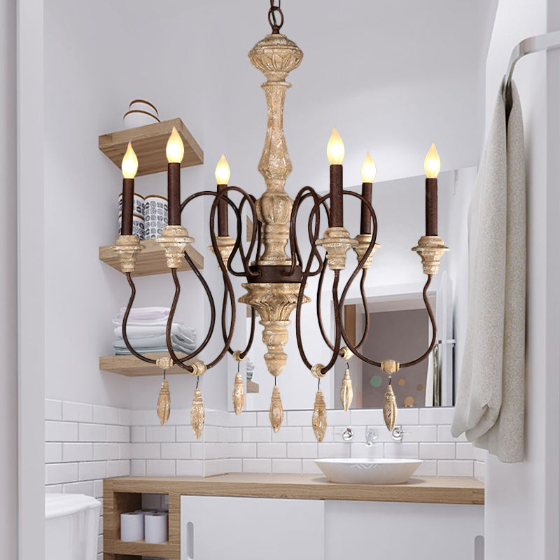 Candelabra traditionnel suspendu 6 lumières Plafond en bois lustre en ivoire pour le salon