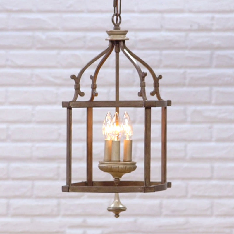 Cage d'oiseau en bois traditionnel lampe suspendue 3 ampoules en métal lustre luminaire à la rouille pour le salon