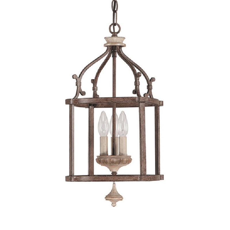 Cage d'oiseau en bois traditionnel lampe suspendue 3 ampoules en métal lustre luminaire à la rouille pour le salon