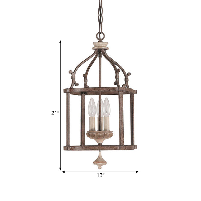 Cage d'oiseau en bois traditionnel lampe suspendue 3 ampoules en métal lustre luminaire à la rouille pour le salon