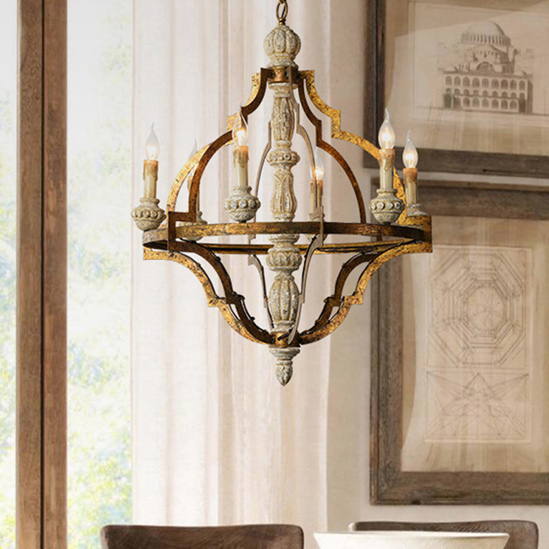 Forme de bougie vintage Pendentif suspendu 6 lumières Plafond en bois lustre en laiton antique pour salle à manger