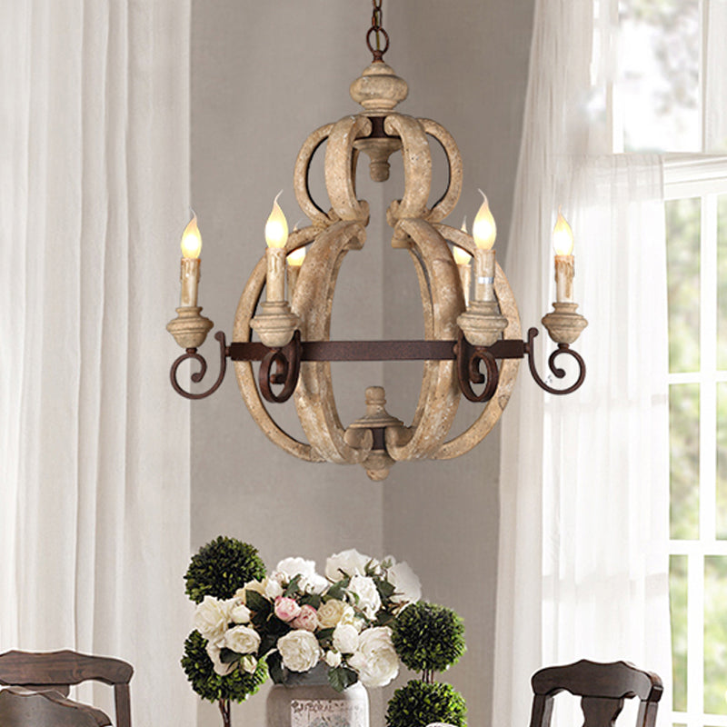 6-Light Chandelier Light Antique Living Room Suspension Pendant with Candle Wood in Beige