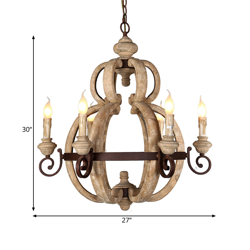 6-Light Chandelier Light Antique Living Room Suspension Pendant with Candle Wood in Beige