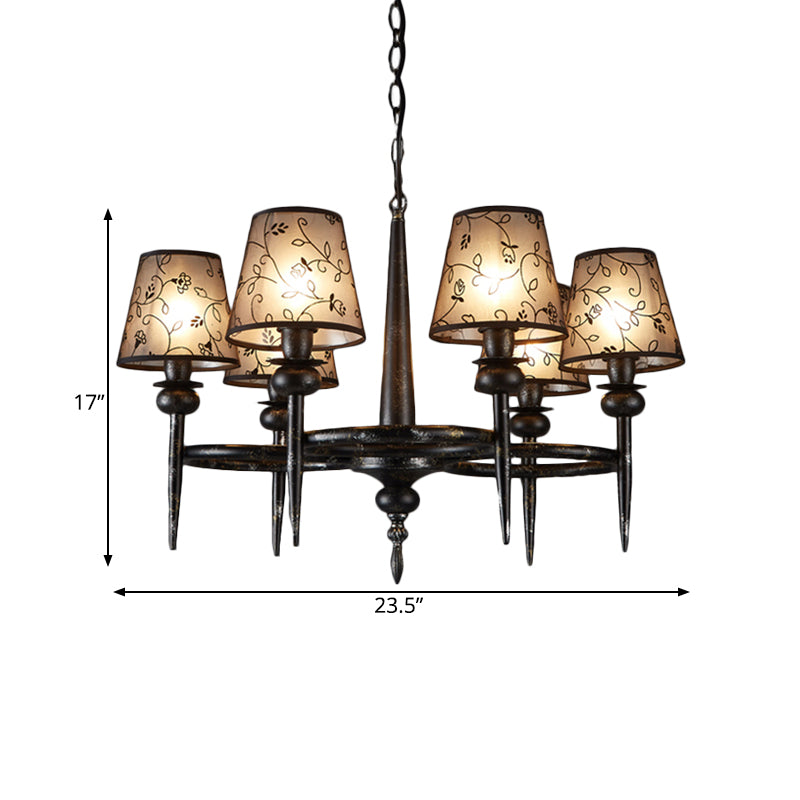 Traditional Cone Hanging Lamp 6 Bulbs Fabric Chandelier Light Fixture in Black for Restaurant