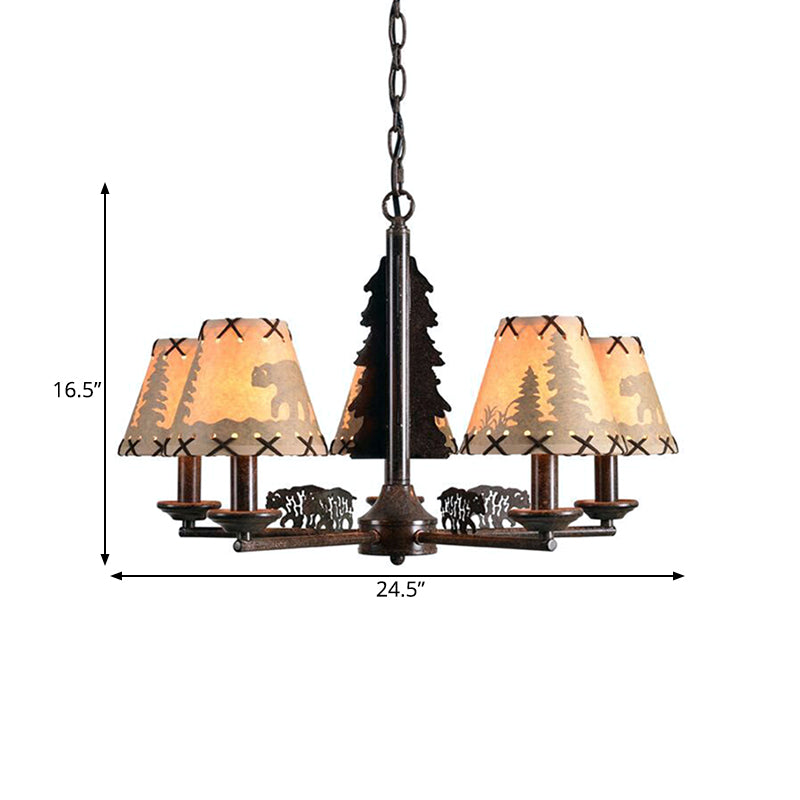 Tapered Indoor Hanging Lamp Traditional Fabric 5 Bulbs Rust Chandelier Pendant Light