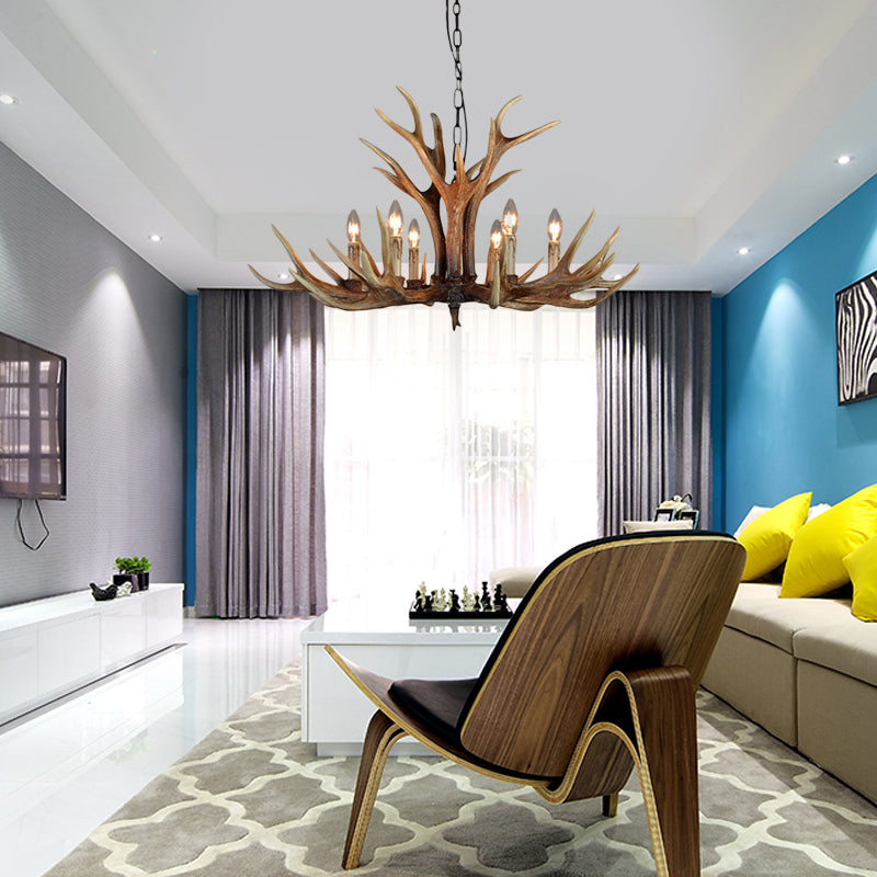 Wood Candle Pendant Chandelier Rural Resin 6/8/12 Heads Living Room Hanging Ceiling Light